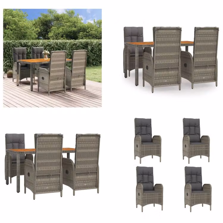 vidaXL Set da pranzo da giardino 5 pezzi con cuscini in poly rattan grigio - Set da pranzo da giardino - Set da pranzo da giardino - Set da pranzo da terrazza