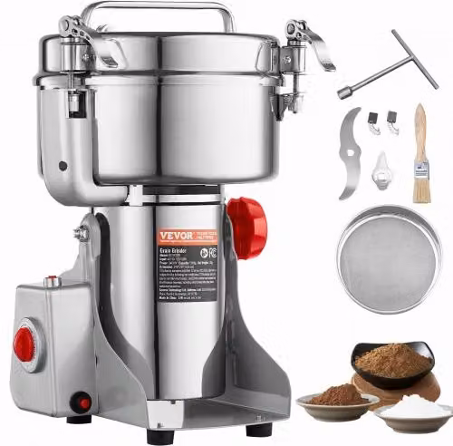 Mulino Elettrico Commerciale VEVOR in Acciaio Inossidabile Argento, Macina Spezie e Cereali da 2000g, 3400 W, Tipo Oscillante