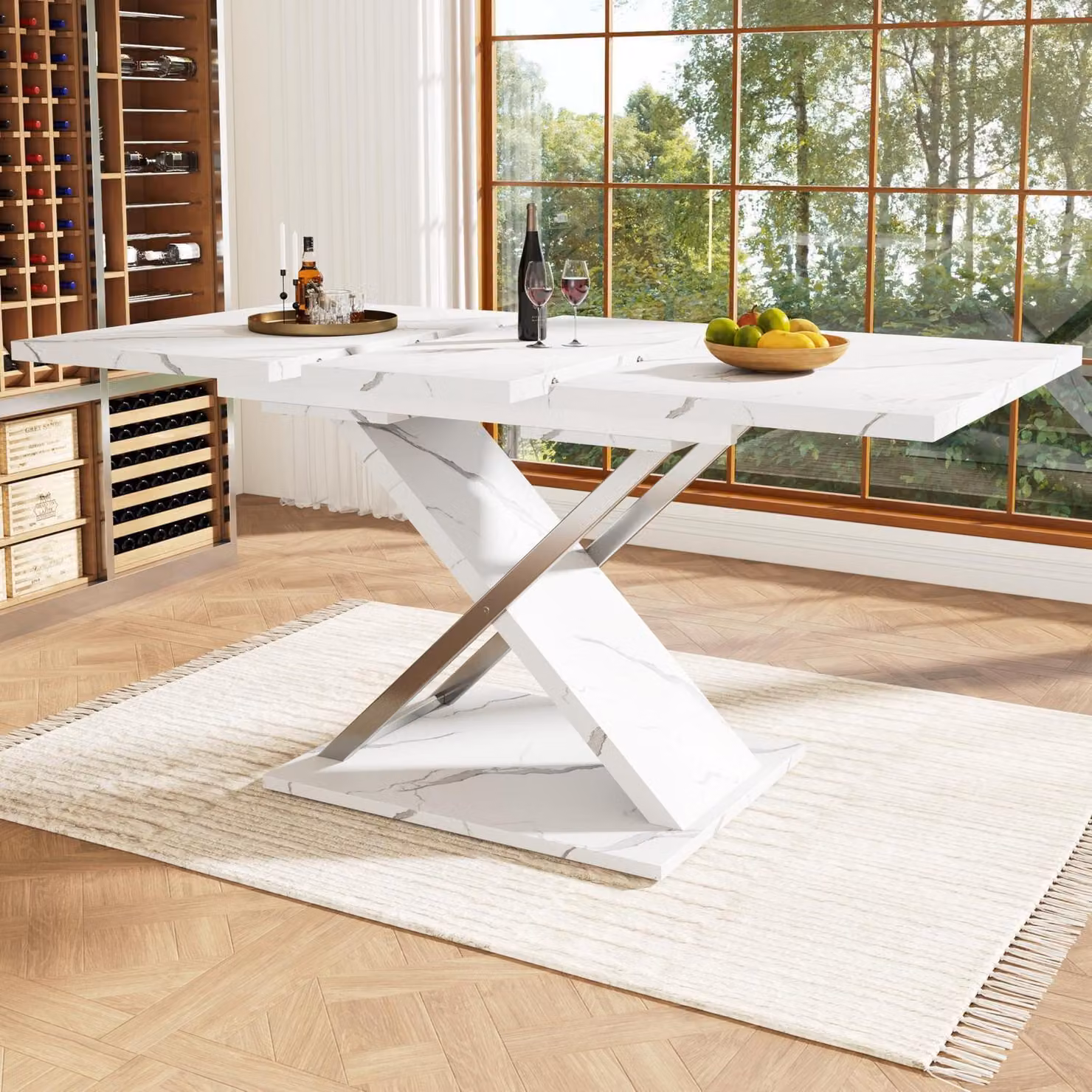 Tavolo da pranzo allungabile, dimensioni 118-157 x 75 cm, piano in MDF con motivo marmorizzato, gambe a croce