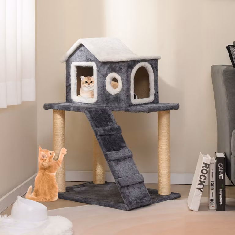 Albero tiragraffi per gatti Costway con grotta e scala, Grigio, L: 60 cm, P: 46 cm, H: 90 cm