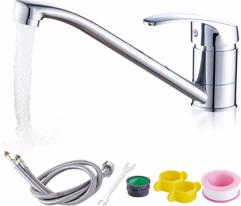 Miscelatore per lavello da cucina, rotazione a 360°, in acciaio inossidabile, finitura cromata, monocomando, con tubo da 60 cm, adatto per lavelli a due vasche
