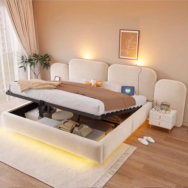 Letto imbottito 180 × 200 cm contenitore idraulico con LED RGB prese USB tipo C in velluto beige