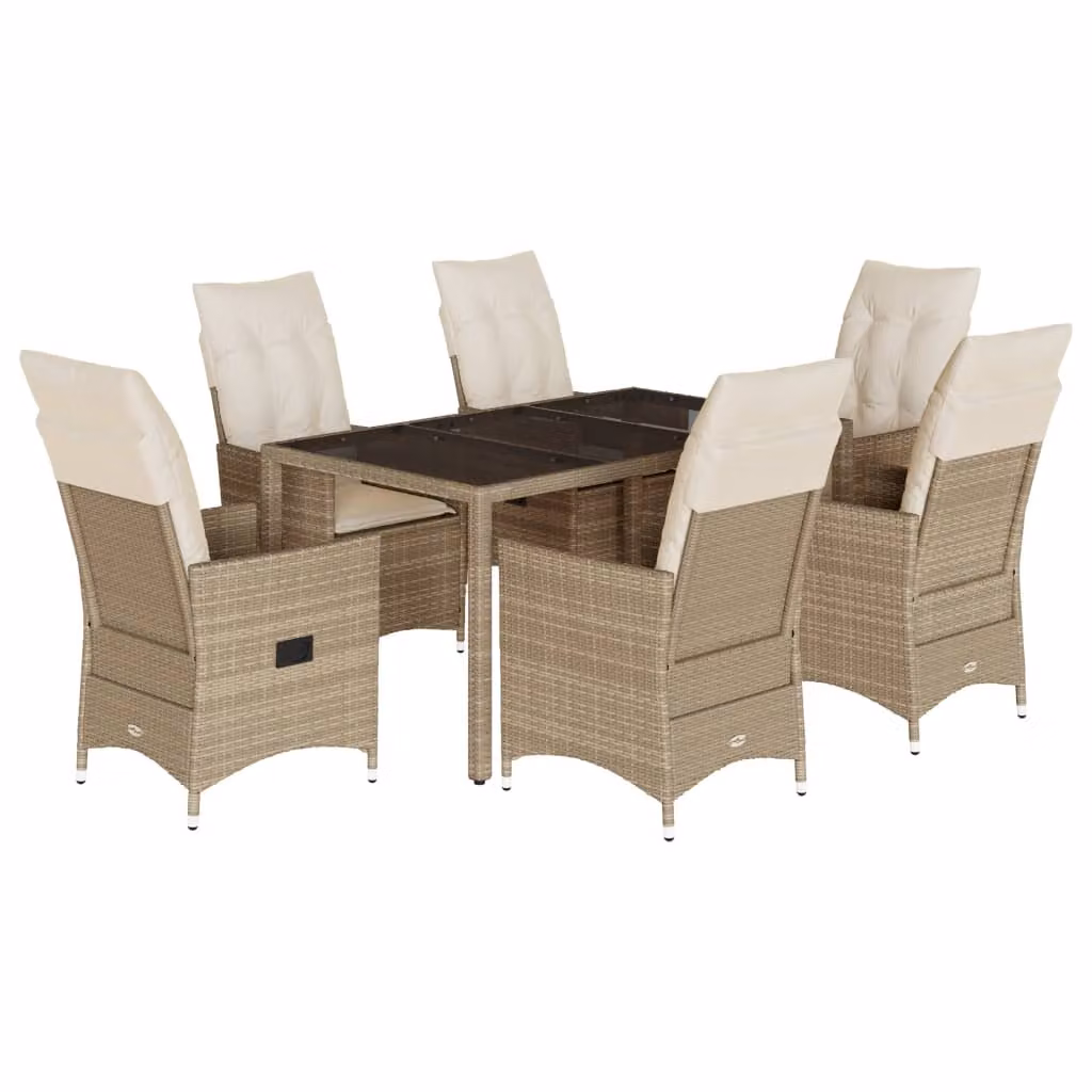 Set da Pranzo da Giardino 7 pz con Cuscini Beige in Polyrattan