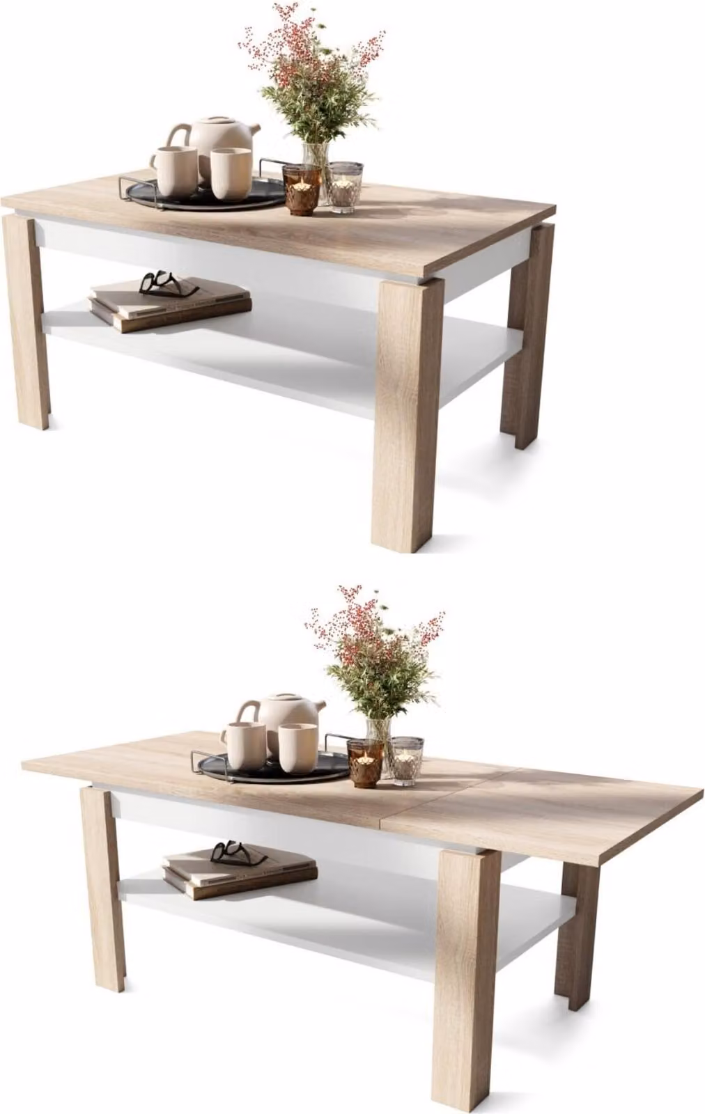Tavolino All4All Asti, modello R, tavolino da soggiorno, tavolino da caffè, tavolino con spazio contenitivo, tavolino per divano con ripiano, estendibile fino a 140 cm, dimensioni 100x60 cm, finitura rovere Sonoma e bianco