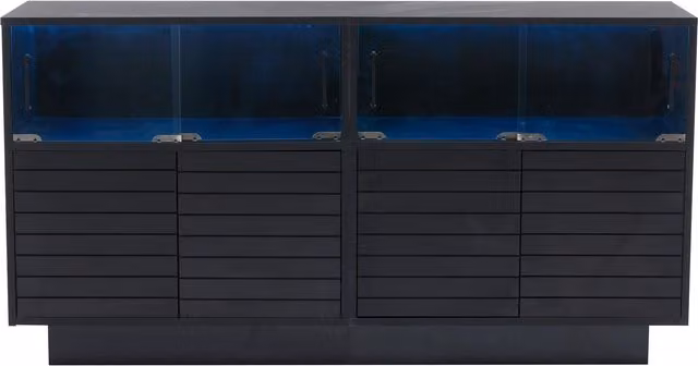 Credenza in stile industrial con illuminazione LED integrata e ante in vetro, Nero, L: 130 cm, P: 35 cm, H: 68 cm