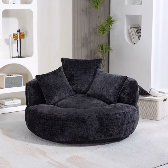 Poltrona sacco gigante per adulti in ciniglia nera; 108x108x52 cm