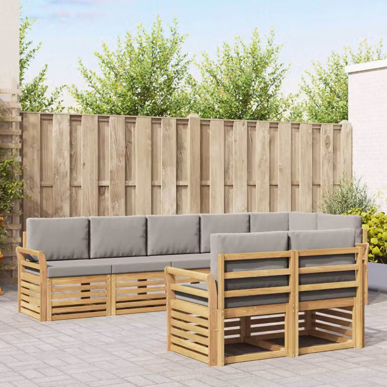 vidaXL Set di divani da esterno a L in legno di acacia con cuscini, Bianco e Grigio