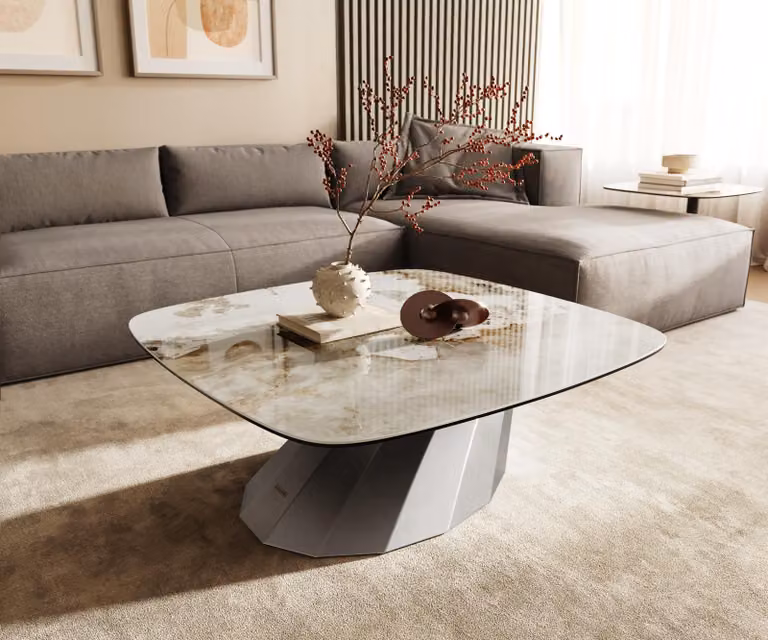 DELIFE Tavolino da divano Edge Boot, 90x90 cm, piano in Vetroceramica Minas Melange, struttura in acciaio inossidabile spazzolato