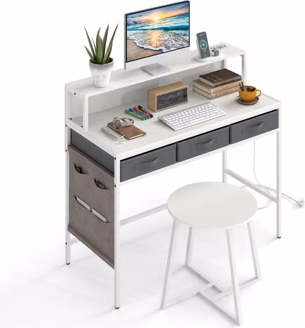 Set tavolo da trucco e sgabello Design Mania con supporto per monitor e prese di corrente, Bianco