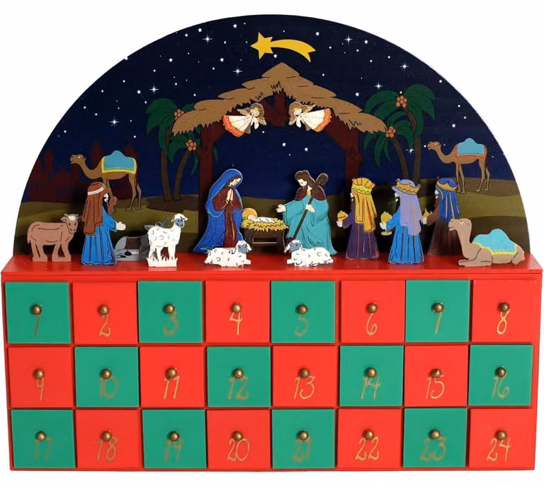 Calendario dell'Avvento in legno, presepe, decorazioni per la tavola, conto alla rovescia