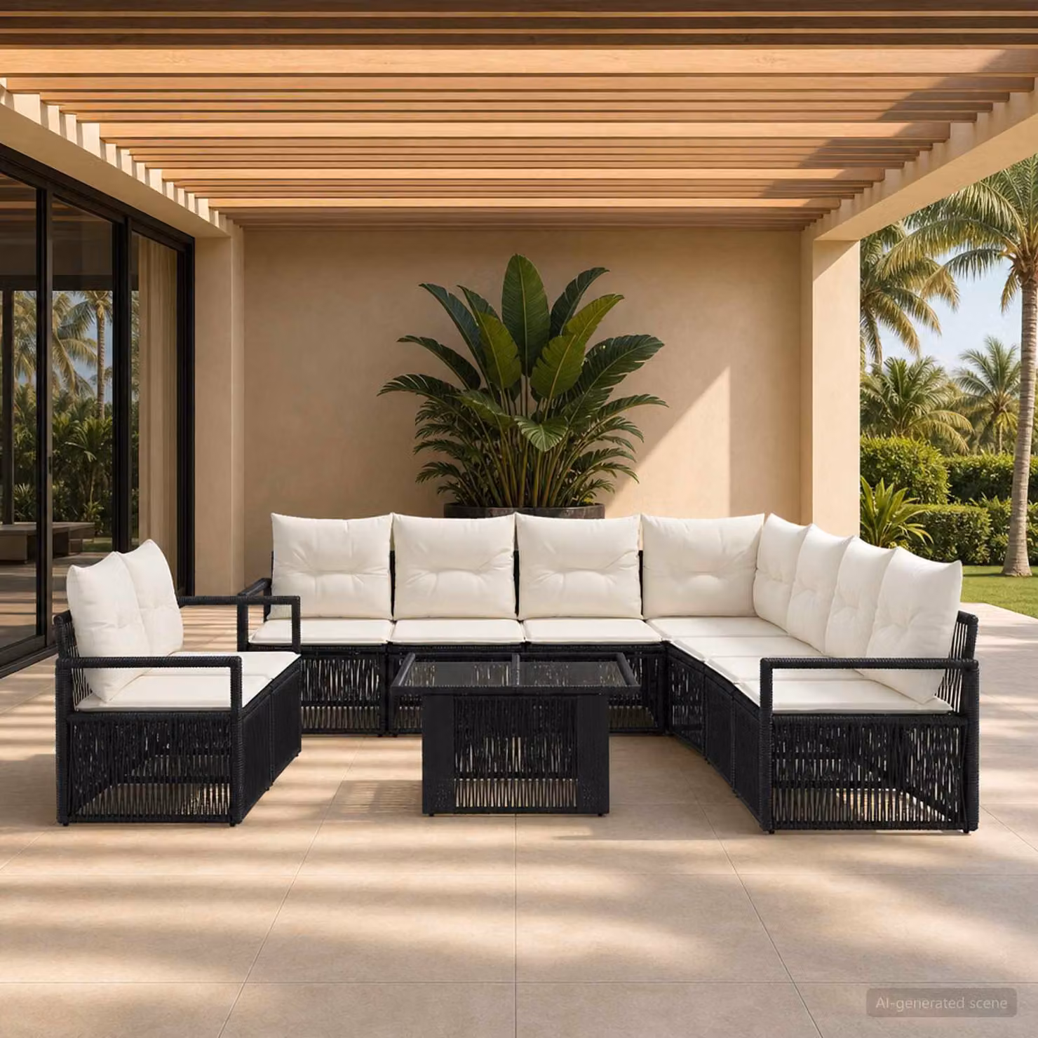 Set Divano da Giardino vidaXL 10 Pezzi in Polyrattan con Tavolino e Cuscini, Design Moderno a L, Colore Nero e Bianco Crema