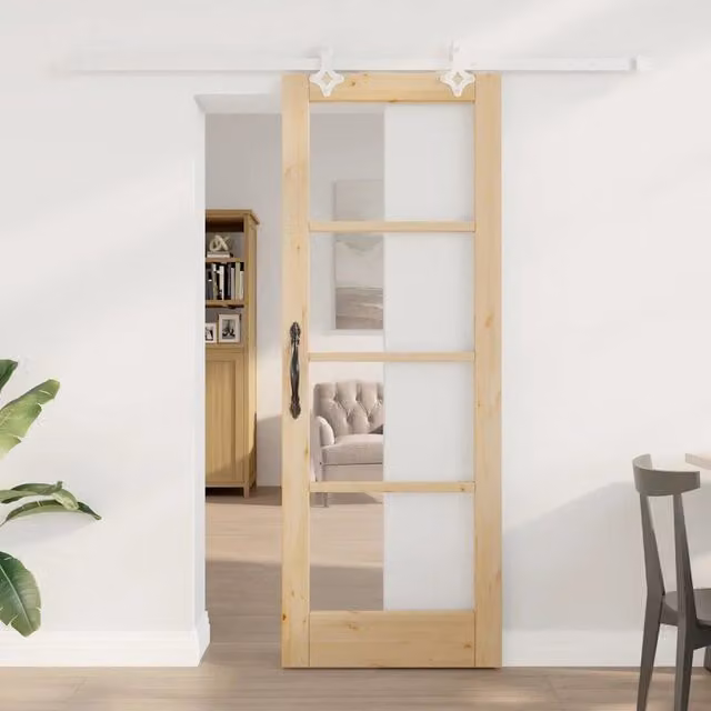 Porta scorrevole moderna vidaXL in legno di pino massello e vetro trasparente, colore marrone, L: 73,5 cm, H: 198,5 cm