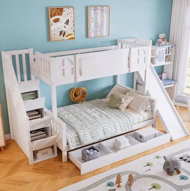 Letto a castello con scivolo e scala contenitore; 295x174x168;5 cm; pino e MDF; bianco