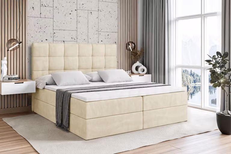 Letto boxspring ALTDECOR con materasso e rete a doghe - APO - 120x200 cm - Beige Monolith - Letto boxspring, topper, letto imbottito con contenitore, letto con vano portaoggetti H3 - Materasso, letto matrimoniale, letto boxspring