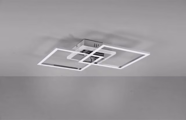 Plafoniera Venida Trio Leuchten in metallo cromato e bianco, design moderno a forma quadrata con LED da 25W, luce bianca fredda 4000K, dimmerabile con telecomando