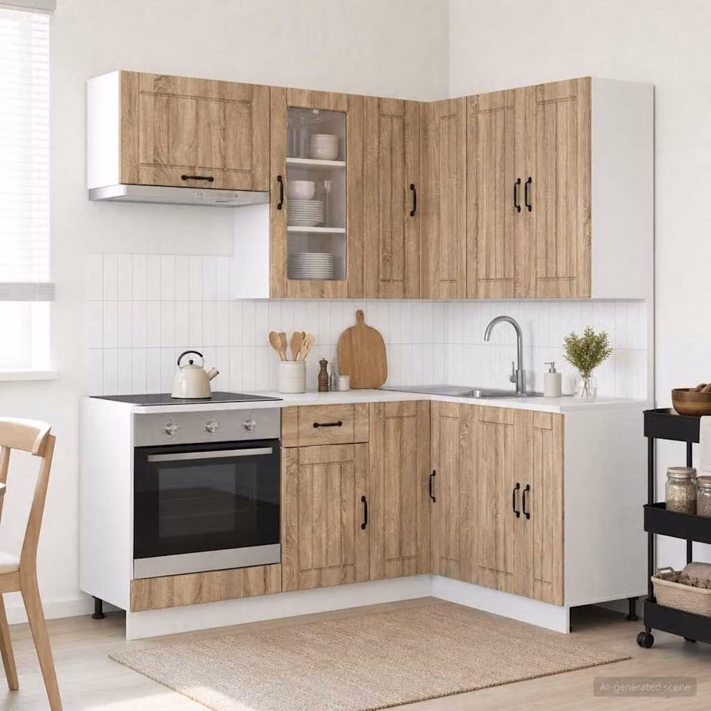 Unità cucina vidaXL LUCCA 8 pezzi in legno ingegnerizzato Rovere Sonoma marrone con ante in vetro e design minimalista