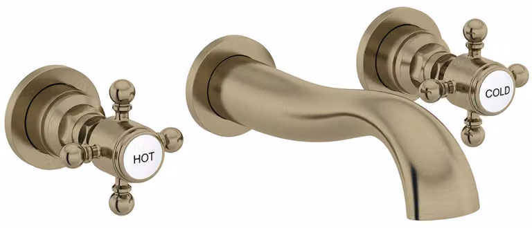 Miscelatore per lavabo a 3 fori, montaggio a parete, finitura bronzo anticato, realizzato in ottone