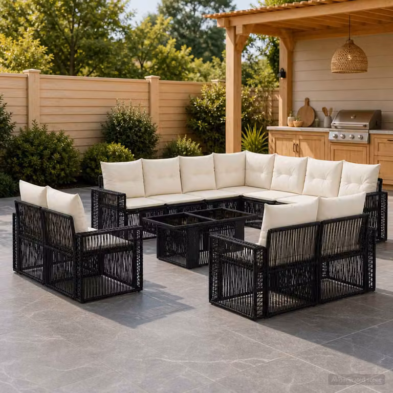 Set Divano da Giardino vidaXL 12 pz a Forma a U con Tavolino e Cuscini, Colore Nero e Bianco Crema, Struttura in Metallo e Polyrattan