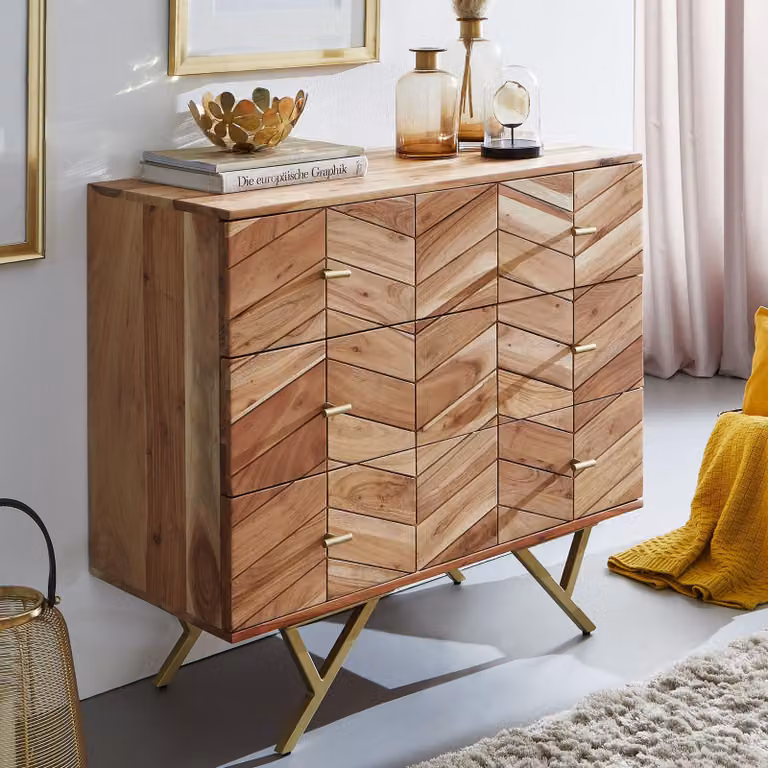 Cassettiera in legno massiccio FineBuy cassettiera in acacia naturale da 90 cm con 3 cassetti credenza in metallo oro