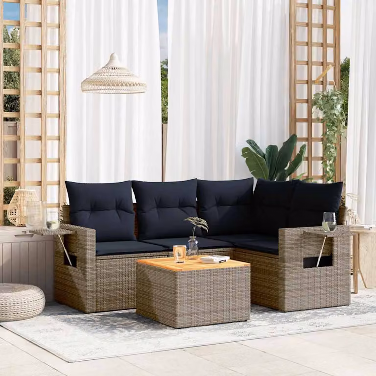 Set da giardino vidaXL in polyrattan grigio composto da 5 pezzi con cuscini inclusi e tavolino da caffè