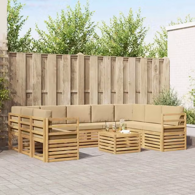 Set di divani da esterno a L vidaXL in legno di acacia con cuscini Bianco e Beige