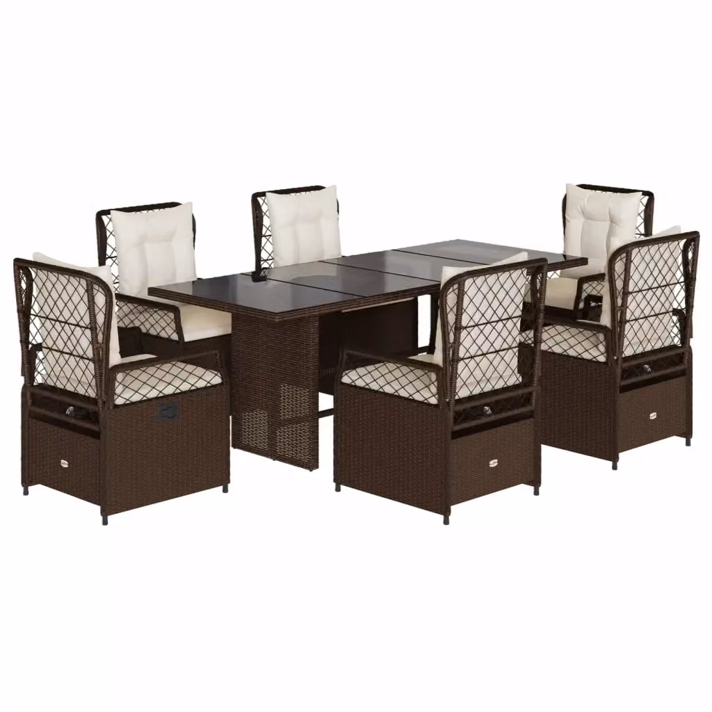 Set da pranzo da giardino vidaXL in polyrattan marrone con cuscini bianchi e tavolo in vetro – 2