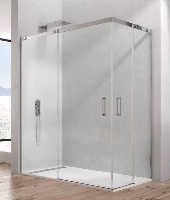 Box doccia angolare TEMPLE con 2 elementi fissi e 2 scorrevoli, vetro trasparente e profili in acciaio inox lucido, L/P: 100 x 70 cm