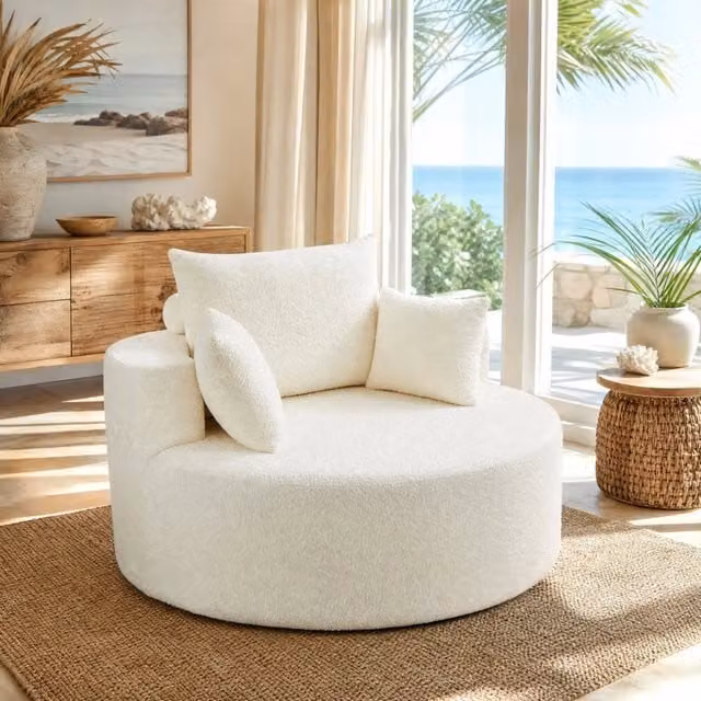Poltrona relax modulare imbottita con cuscino cilindrico poggiatesta, senza montaggio, in ciniglia beige