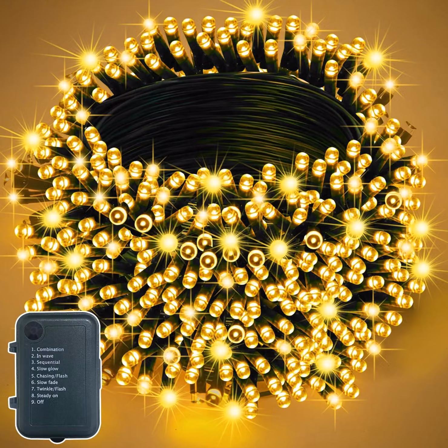 Catena luminosa da 20 metri, con 200 LED, alimentata a batteria, grado di protezione IP44, luce bianco caldo