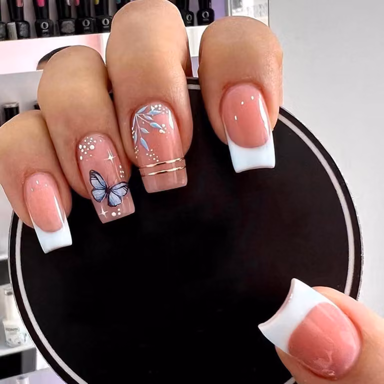 set di 24 unghie artificiali a farfalla bianche e rosa, colla per unghie inclusa - unghie acriliche da ballerina per donne e ragazze