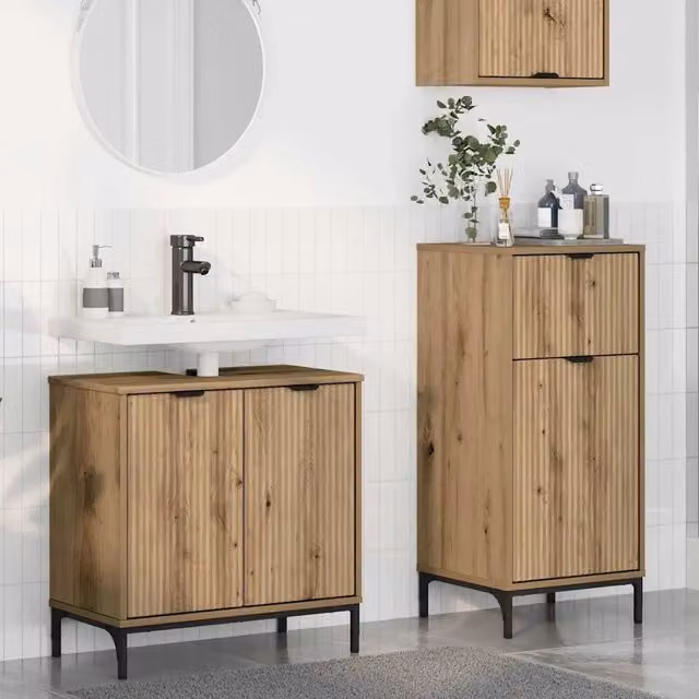 Set di mobili per bagno moderno vidaXL composto da mobile lavabo e mobile contenitore in legno e metallo color rovere, L/P/H: 61,0 x 35,5 x 60,5 cm – 1