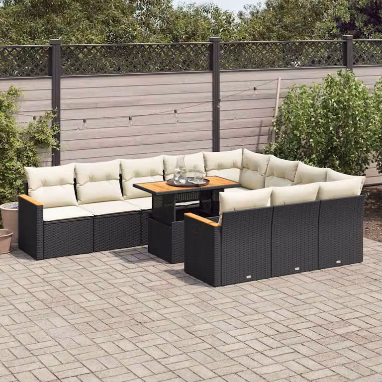 Set di divani da giardino vidaXL 11 pz in polyrattan e legno di acacia con cuscini, colore nero e bianco, design moderno a forma di L per esterno