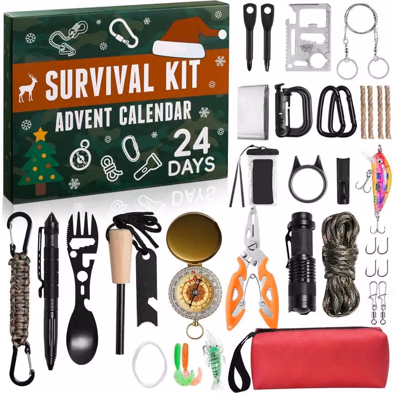 Calendario dell'Avvento 2026 per uomini | Kit di sopravvivenza da 31 pezzi con utensili e accessori da pesca | Regalo per uomo | Ideale per campeggio, pesca, attività all'aperto | 24 giorni di attesa