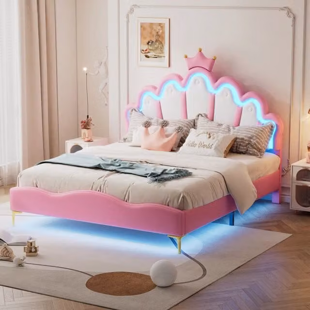Letto matrimoniale Crown Shape Princess 140x200cm con strisce LED in PU rosa