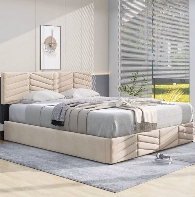 Letto imbottito 140x190 cm; testiera regolabile e rete a doghe; velluto beige