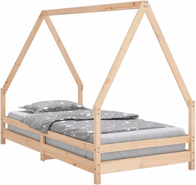 Lettino per bambini a forma di casetta in legno massello di pino bianco, dimensioni 90 x 190 cm