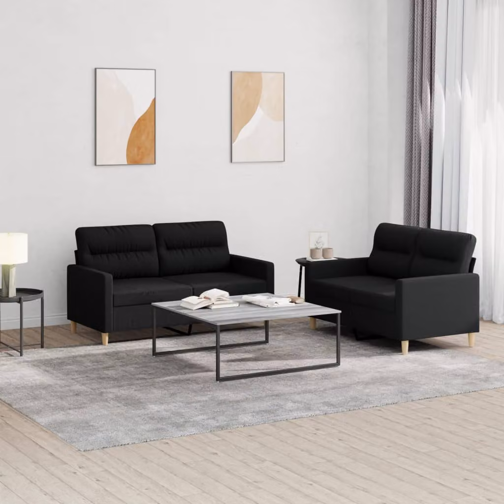vidaXL Set di 2 Divani Moderni in Tessuto Nero con Cuscini e Struttura Imbottita – 1