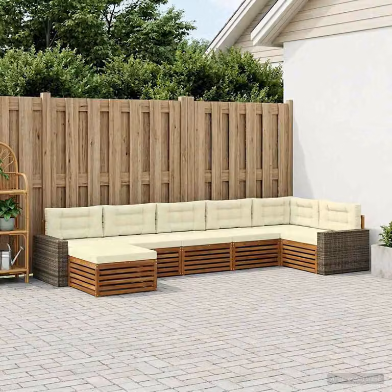 Set di divani da esterno vidaXL 7 pz in legno di acacia con cuscini beige e bianco per giardino e terrazza