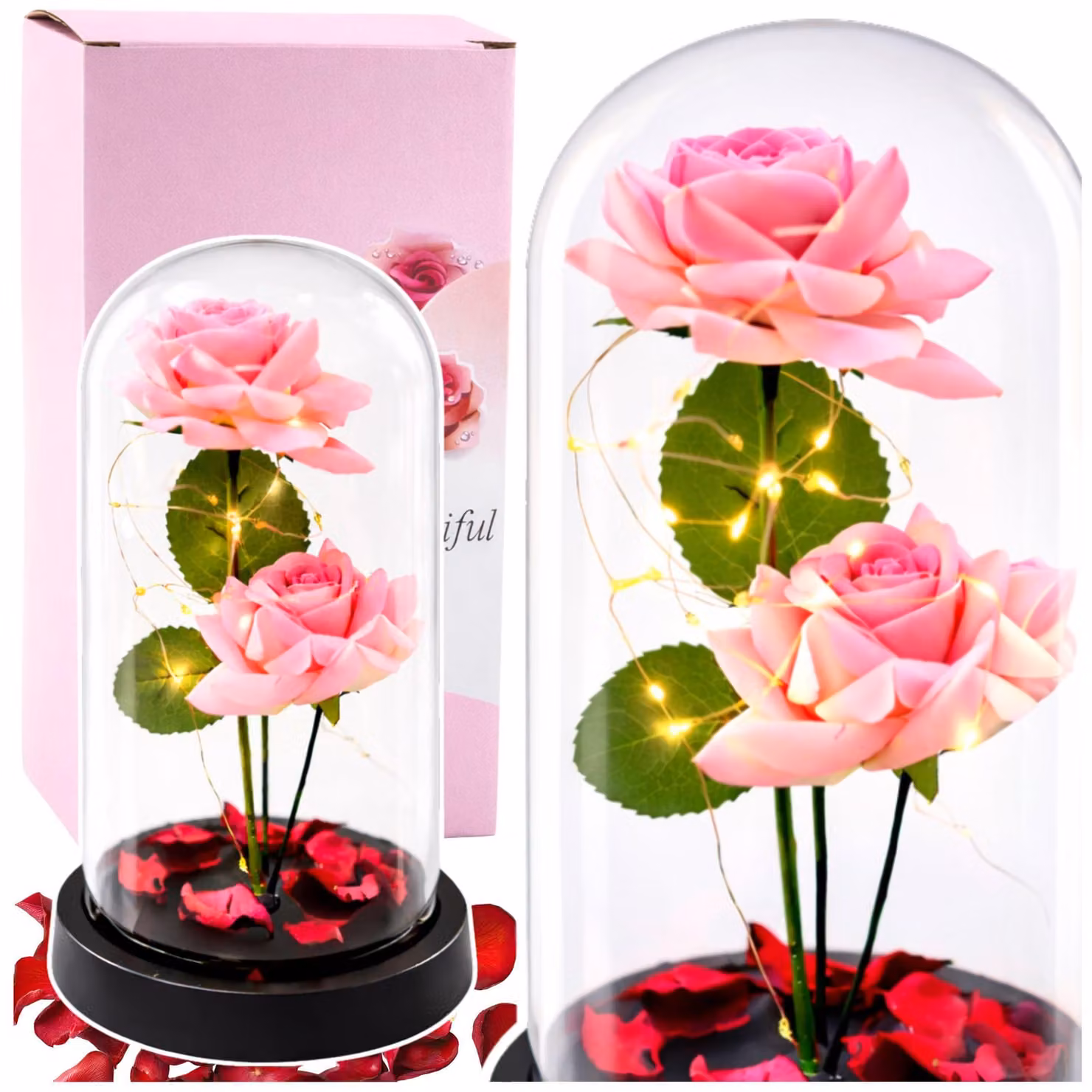 Rose eterne a cupola con illuminazione a led e petali di rosa rosa 21x11 cm
