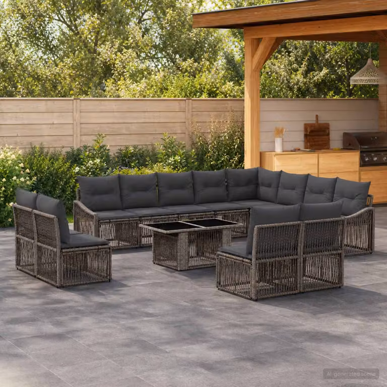 Set Divano da Giardino vidaXL 13 pz in Polyrattan Grigio e Antracite con Tavolino e Cuscini