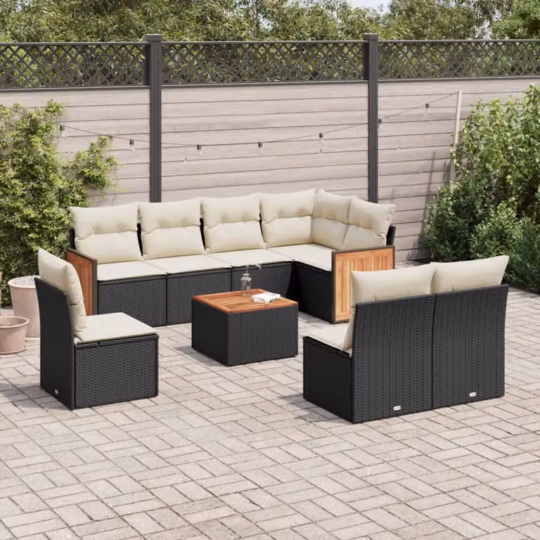 Set di divani da giardino vidaXL 9 pz in polyrattan nero con cuscini e tavolino da esterno a forma di L