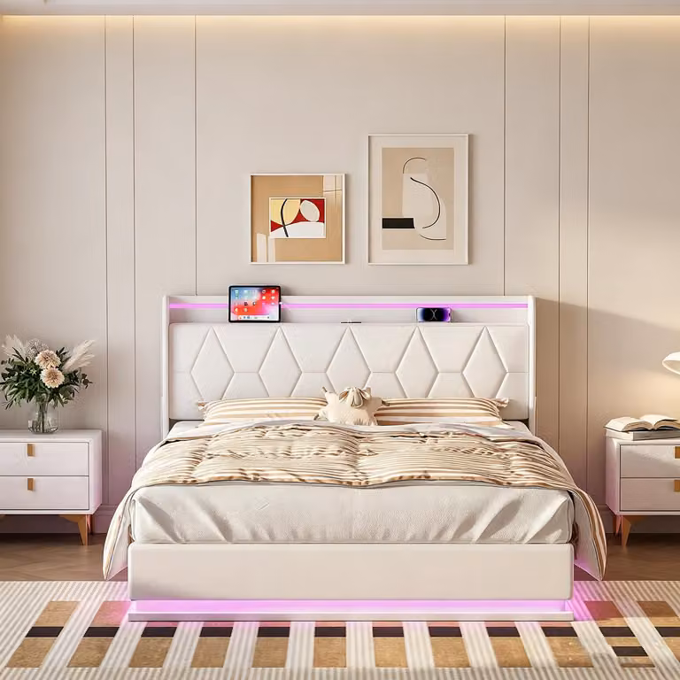 Letto matrimoniale con rete a molle INONEFT, 140x200 cm, con base imbottita idraulica, illuminazione LED e porte USB/C. Letto matrimoniale, letto in legno, letto per ragazzi, in velluto, colore bianco.