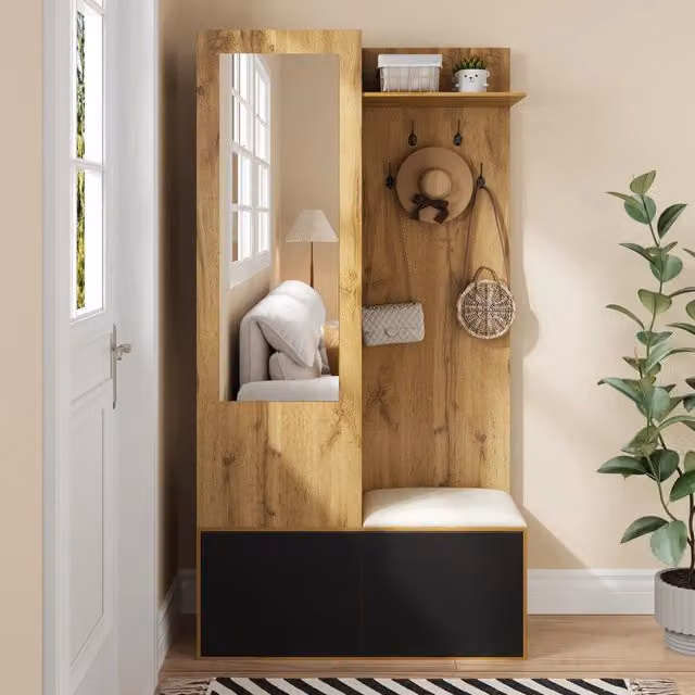 Set ingresso moderno in MDF con specchio, panca, scarpiera e appendiabiti, disponibile in nero o marrone, H: 191 cm x L: 100 cm x P: 38 cm