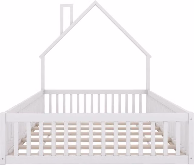 Letto per bambini con forma a camino 140x190 cm in legno di pino bianco con rete a doghe senza materasso
