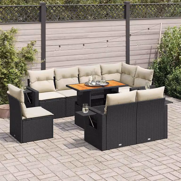 Set di divani da giardino vidaXL in polyrattan nero con cuscini e tavolino da esterno a forma di U