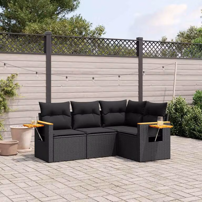 Set di divani da giardino vidaXL in polyrattan nero con cuscini e tavolino da esterno a forma di L