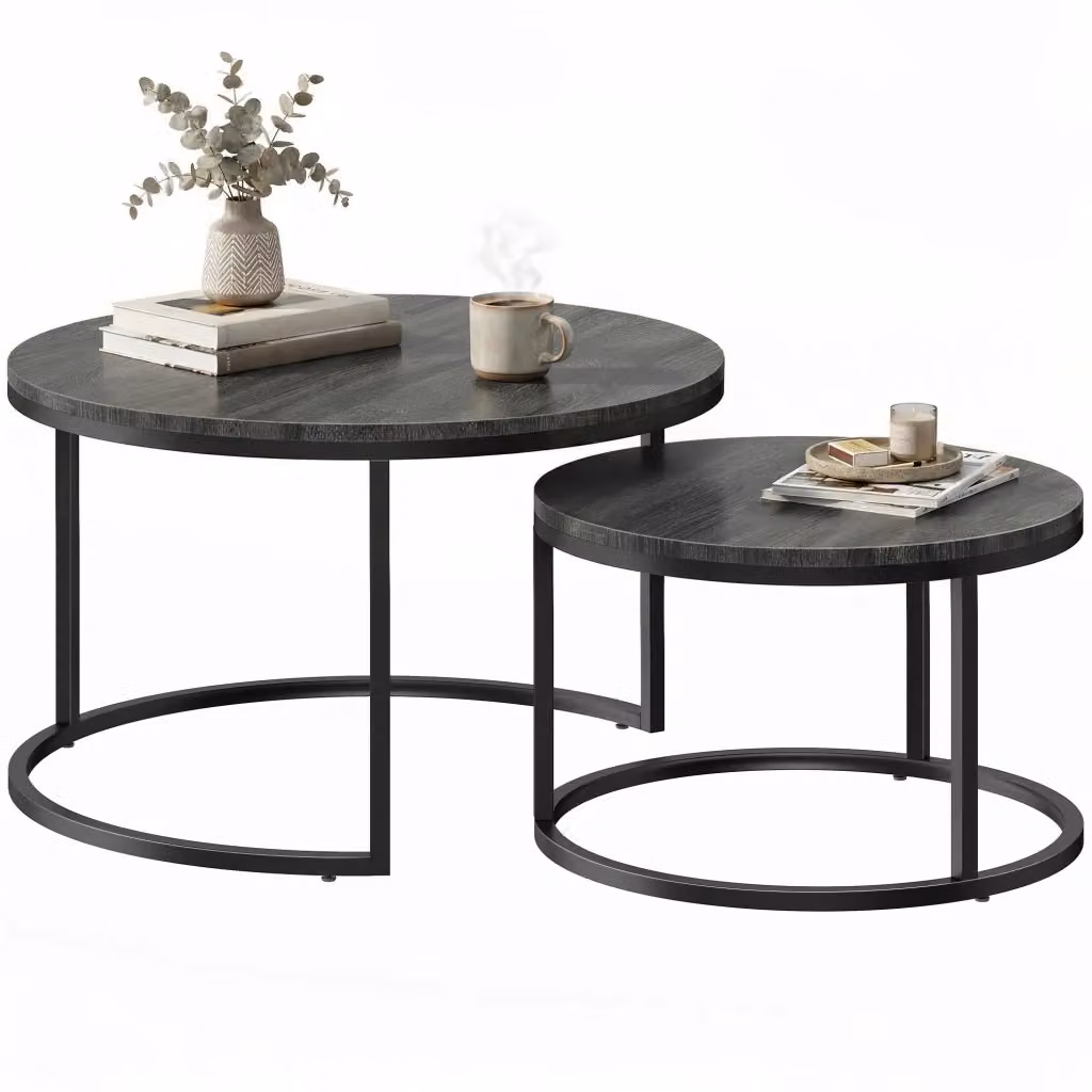 Set di 2 tavolini da caffè impilabili Xylo design industriale in metallo e MDF nero – 2
