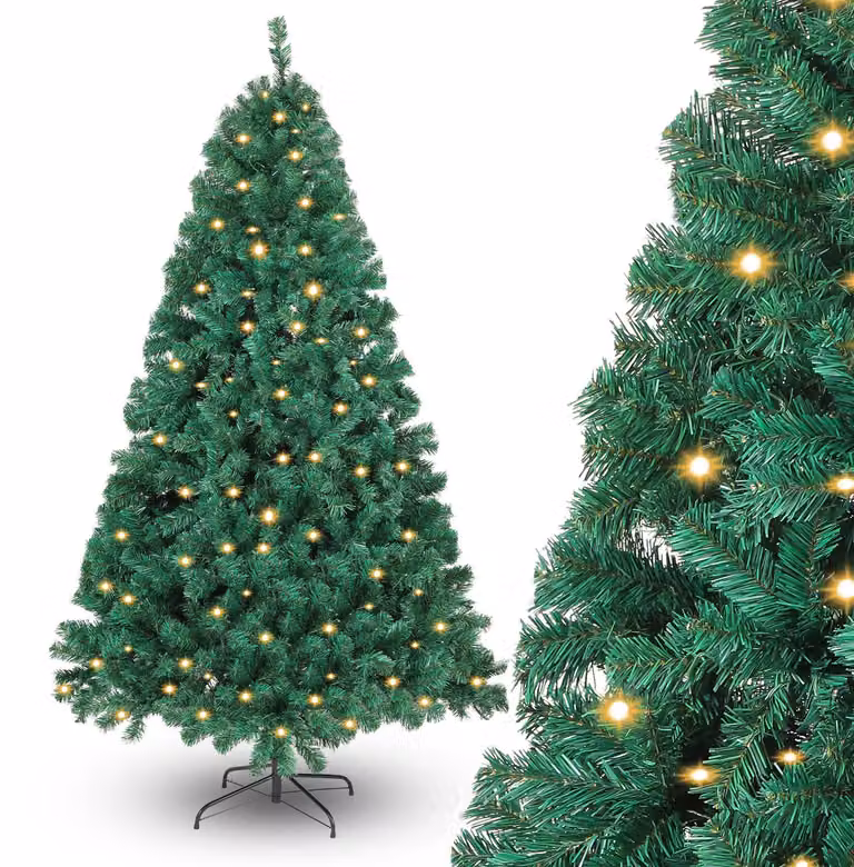 Albero di Natale Ikodm, altezza 210 cm, con illuminazione a LED, 400 luci bianche calde, 1200 punte, albero di abete artificiale con base in metallo