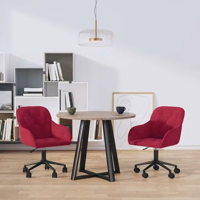 Set di 2 sedie da pranzo girevoli vidaXL in velluto rosso con ruote e struttura in metallo e legno