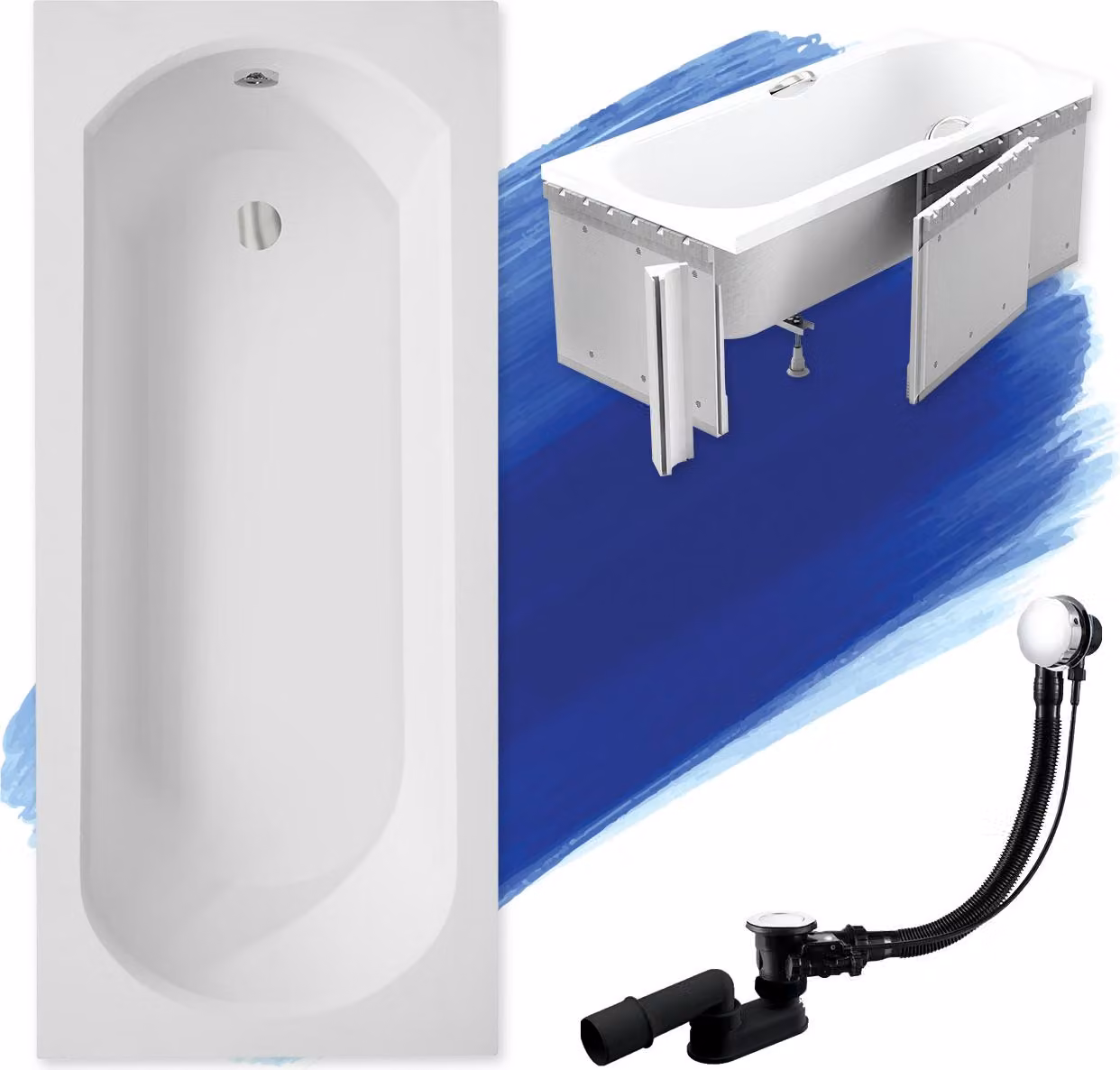 Vasca rettangolare 170x75 con rivestimento in polistirolo, set di scarico e piedini GRATIS | Set completo 4in1 vasca originale in acrilico con sifone | BADLAND INTRICA